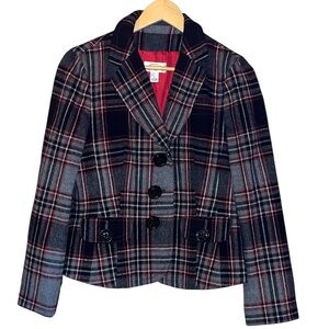 Talbots size 6 plaid wool blazer front button office gray red career wear